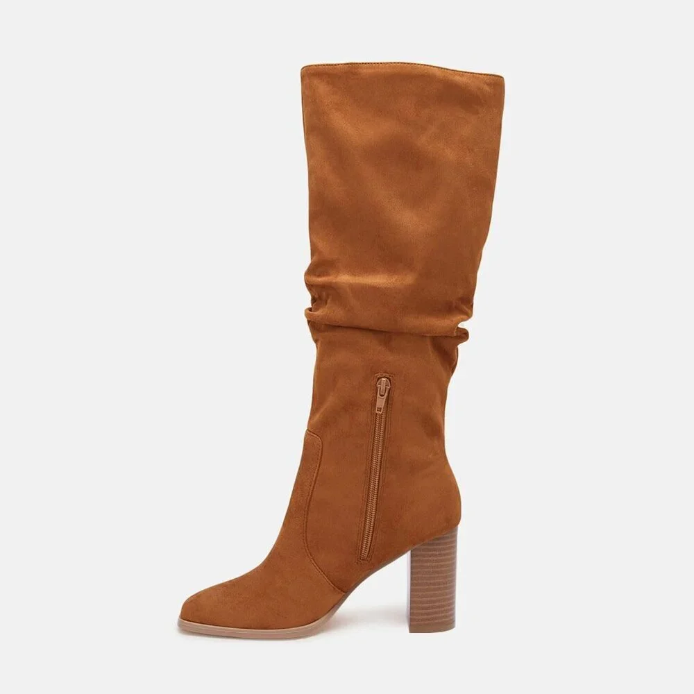 Women's Dark Brown Chunky High Heel Square Zipper Wide Calf Knee High Boots